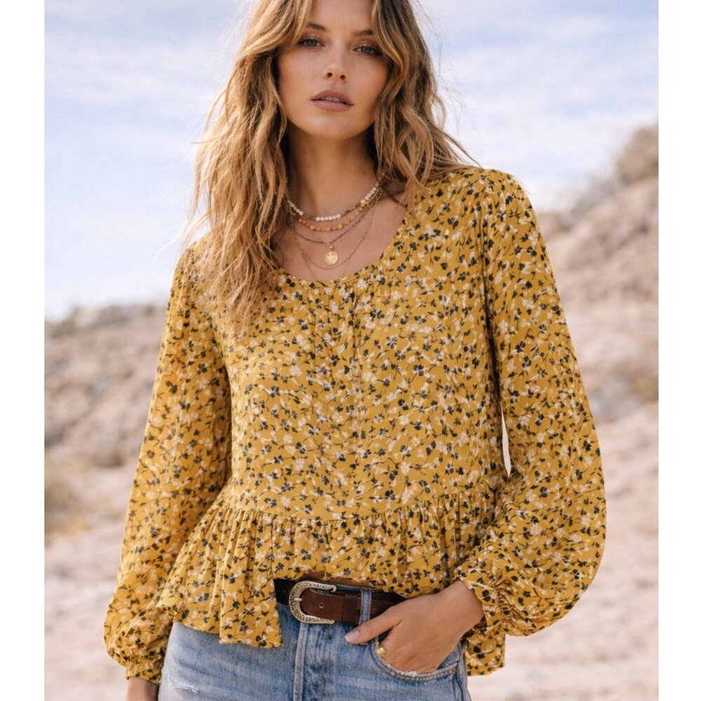 Anthropologie Maeve Blouse Top Cheyenne Floral Print Peplum Yellow Boho size XL